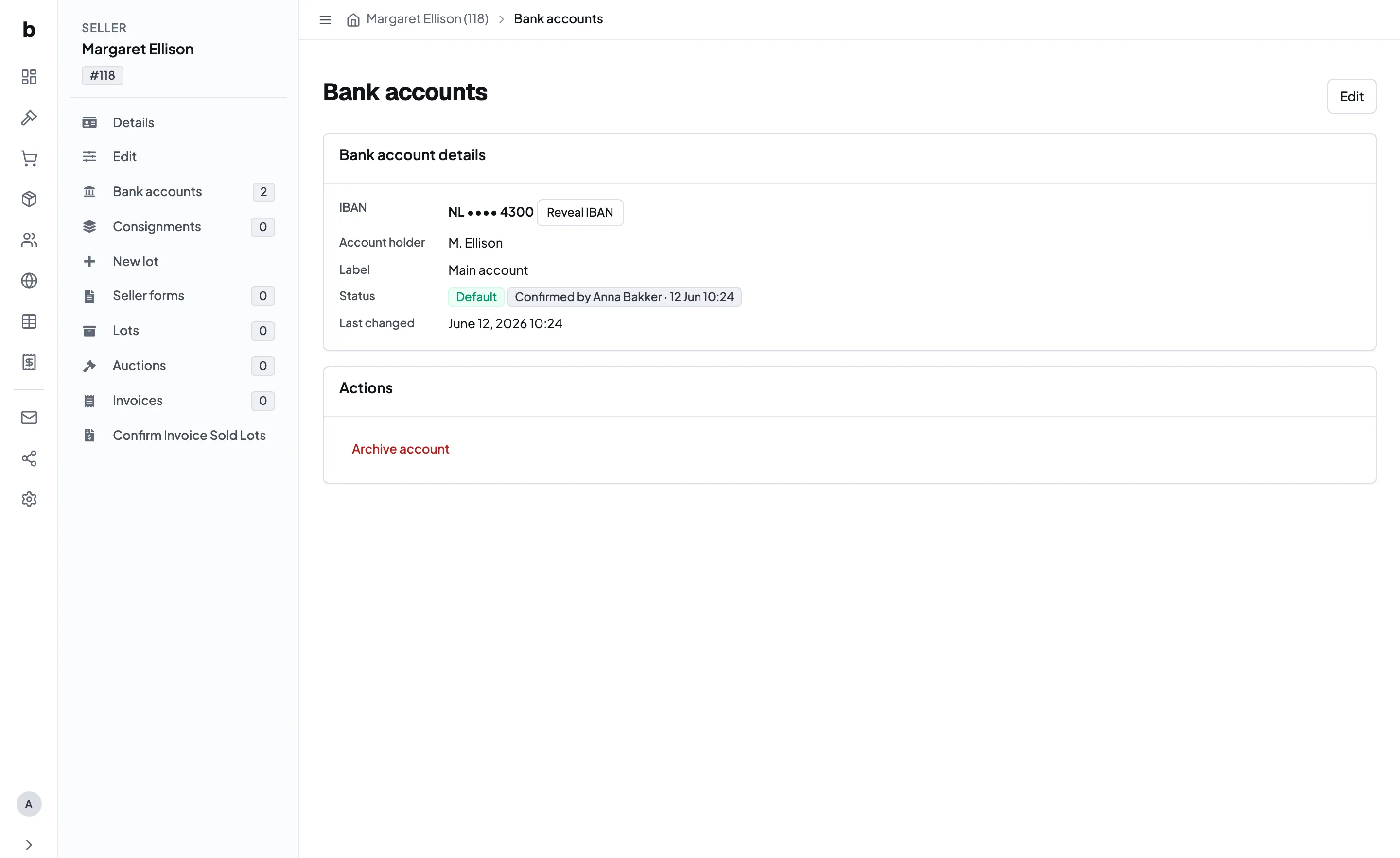 One account, masked, with the reveal action