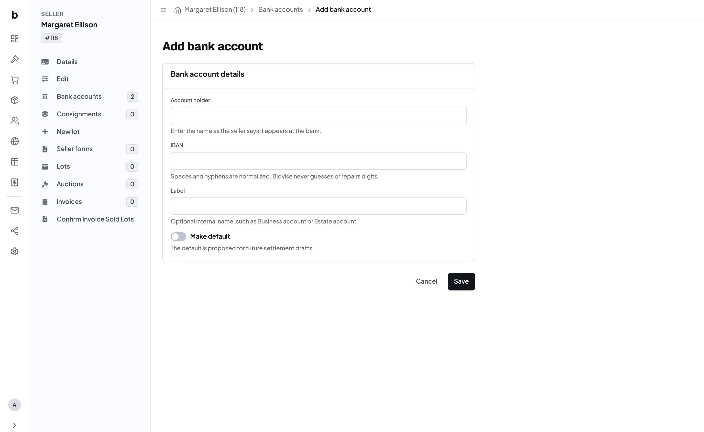The add bank account form