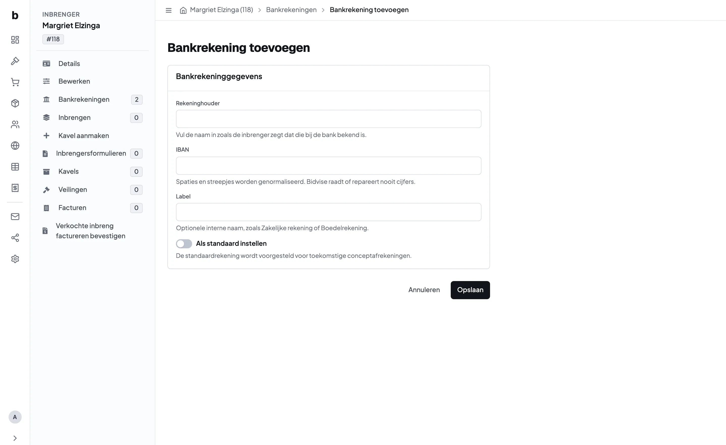 Het formulier om een bankrekening toe te voegen