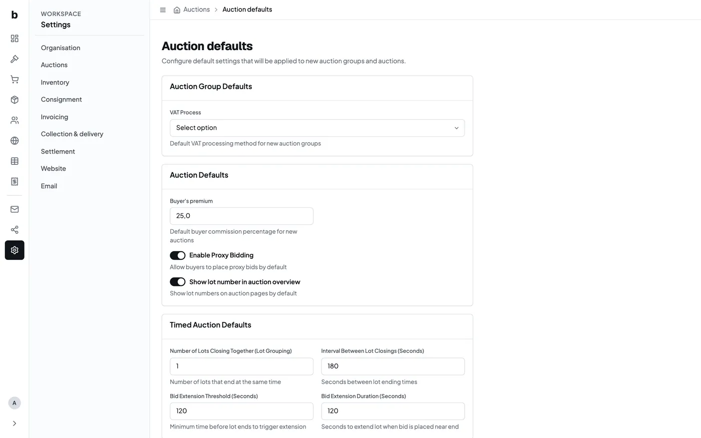 The auction defaults form