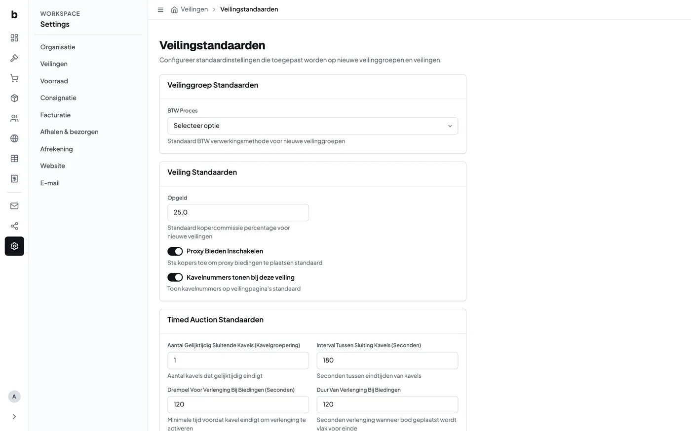 Het formulier met veilingstandaarden