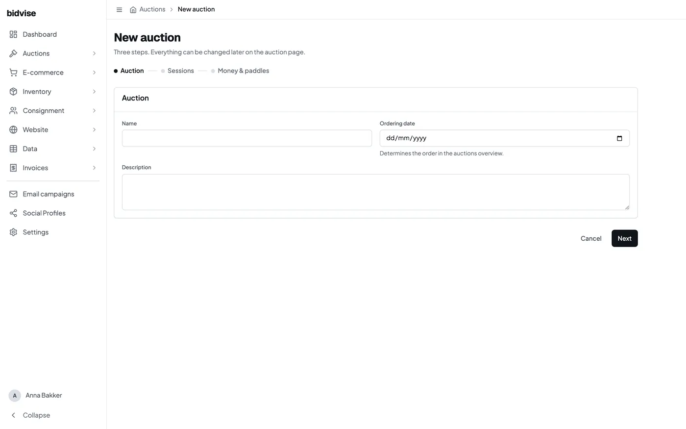 The first step of the new auction wizard