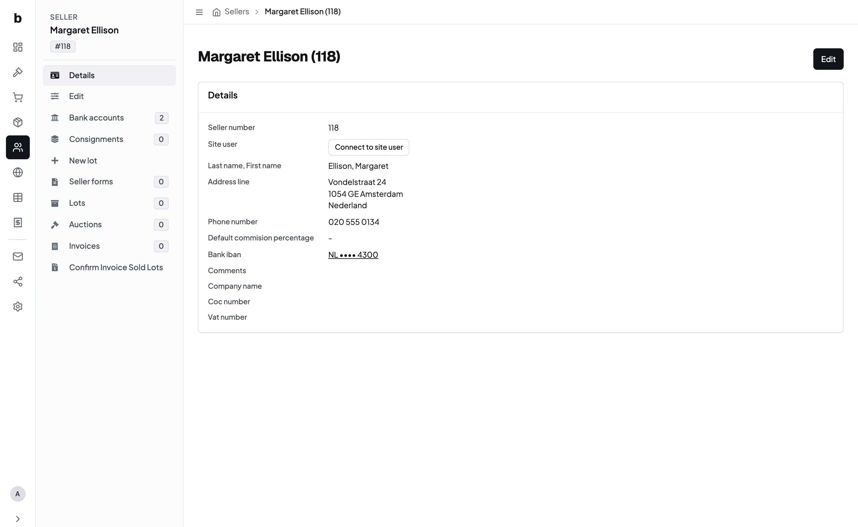 A consignor's details page, with the masked account on the bank line