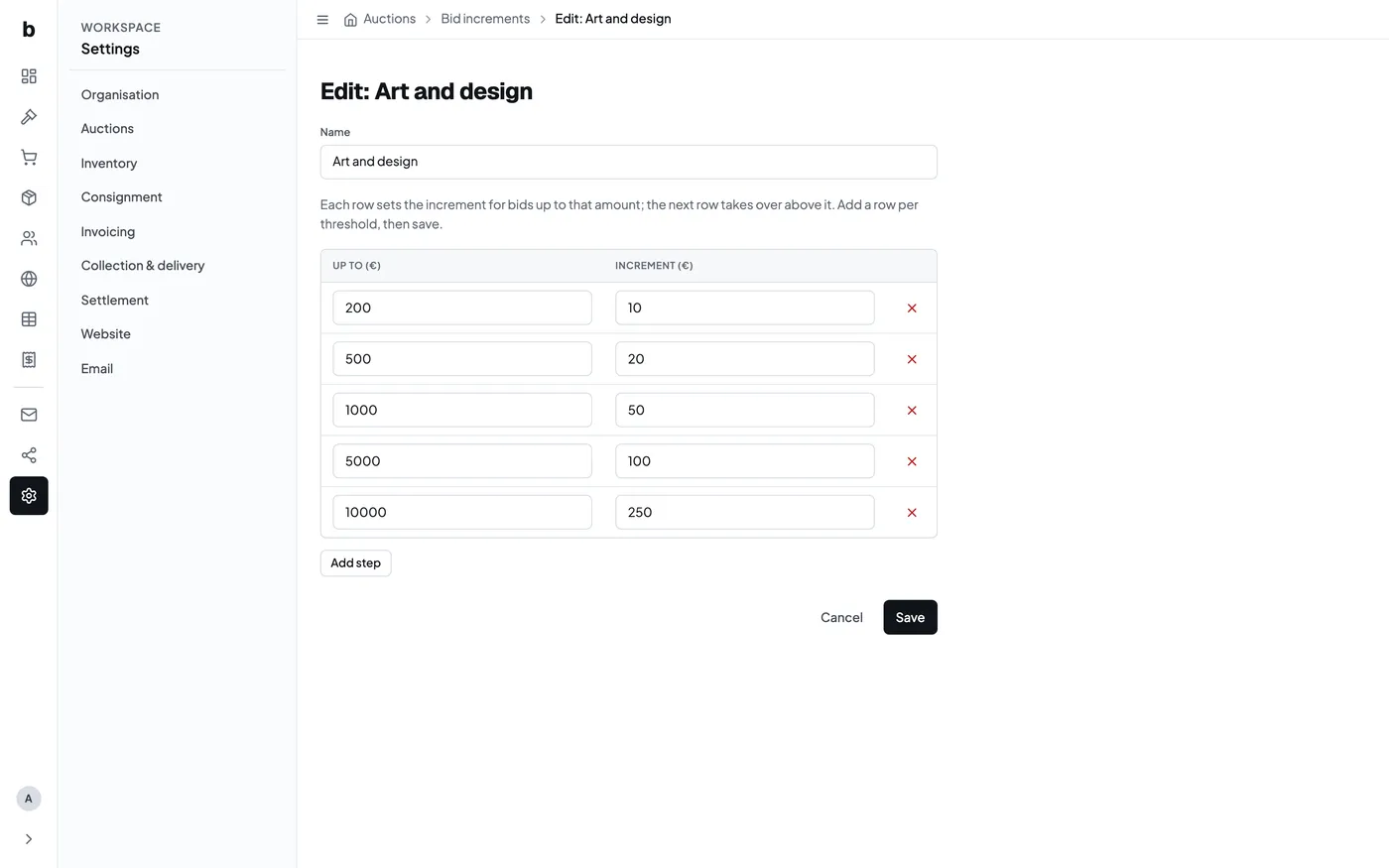 A bid increment table being edited