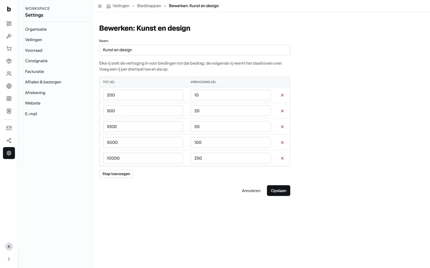 Een biedstappentabel die wordt bewerkt