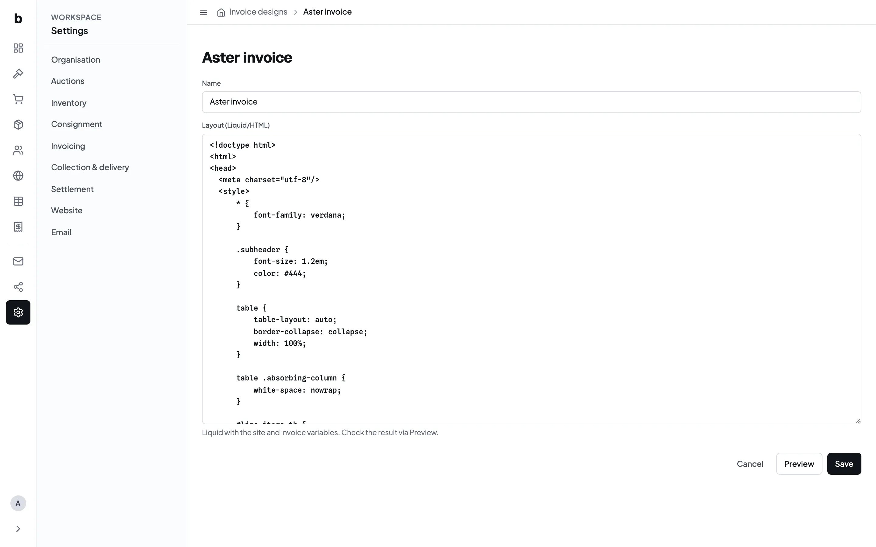The editor for a custom invoice design