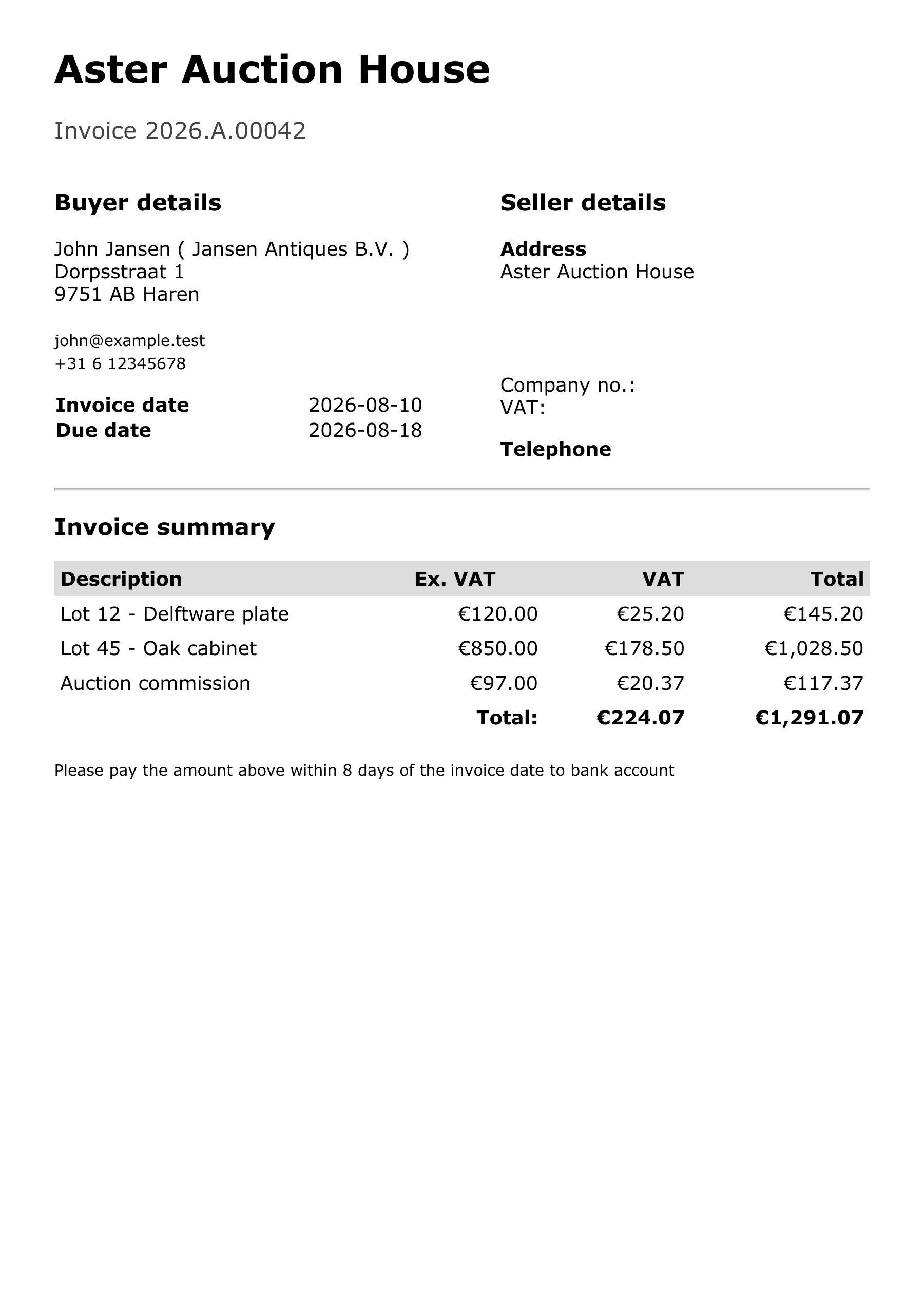 A rendered custom invoice for Aster Auction House