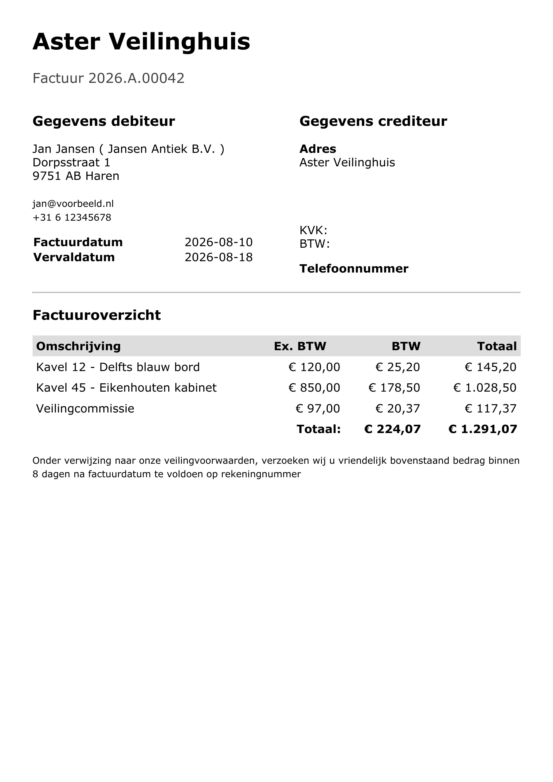 Een weergegeven eigen factuur voor Aster Veilinghuis