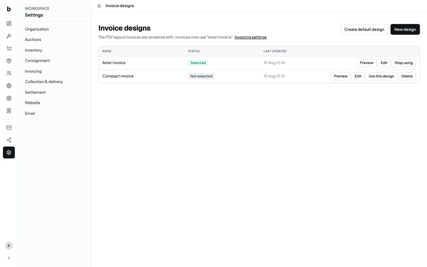The invoice designs list with one selected layout