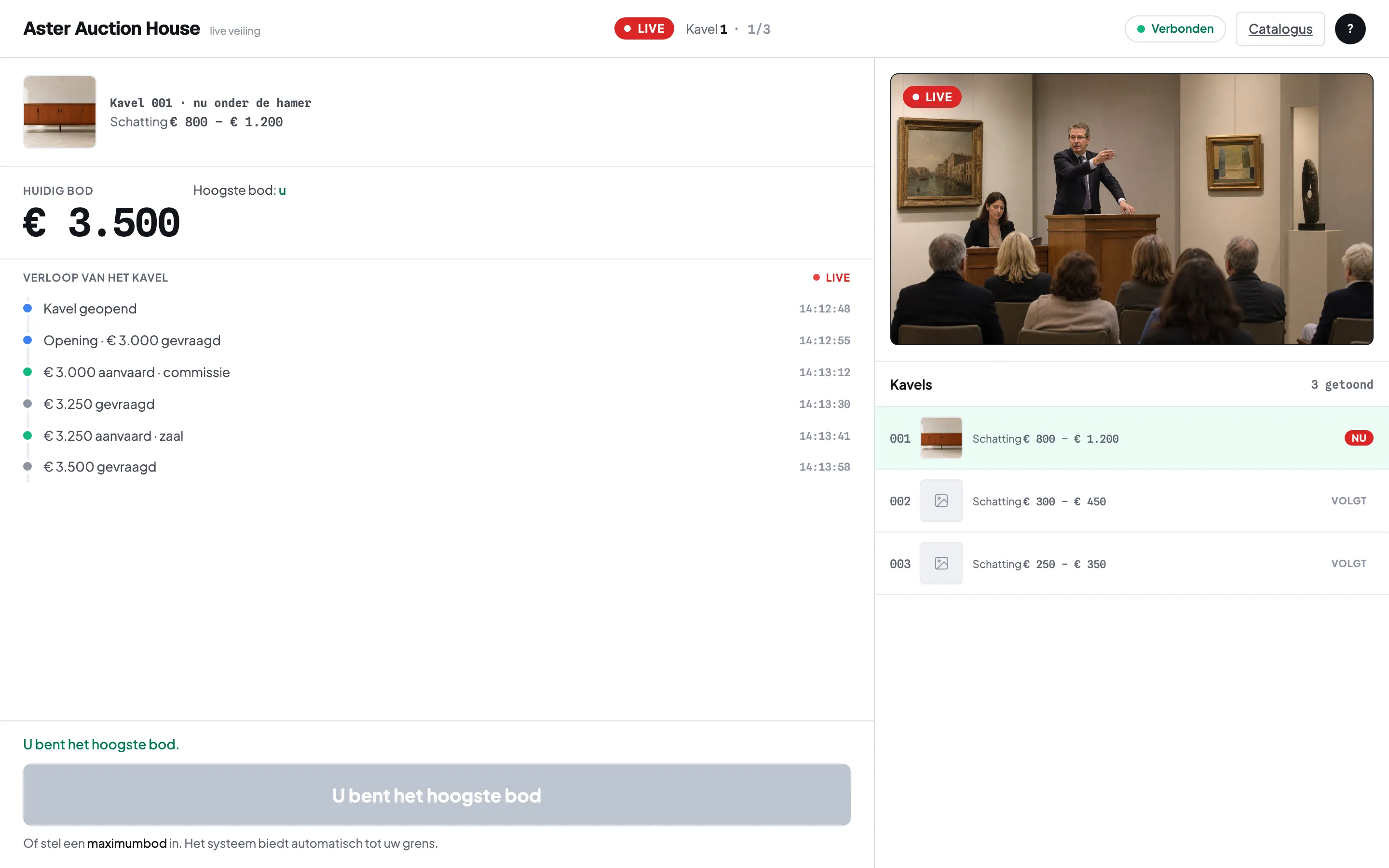 Development preview of the live auction interface on the bidder side