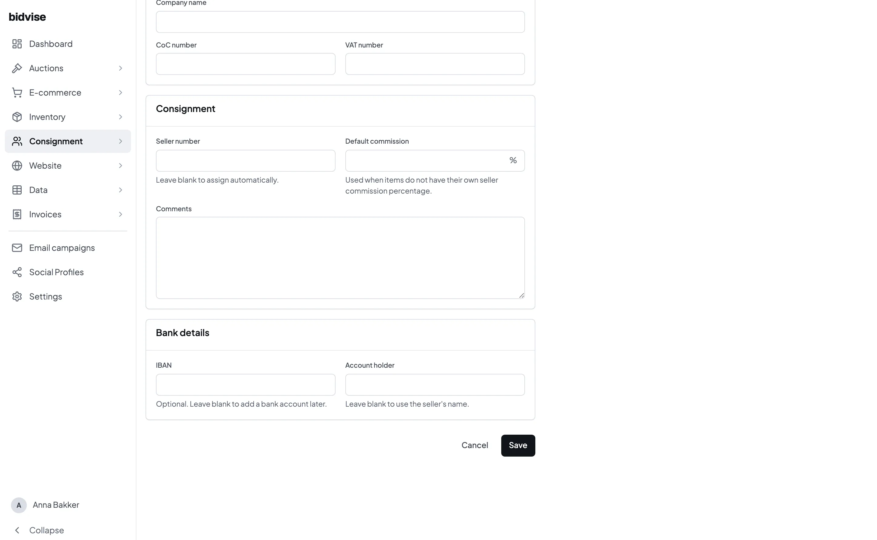 The new consignor form, with the optional bank details section