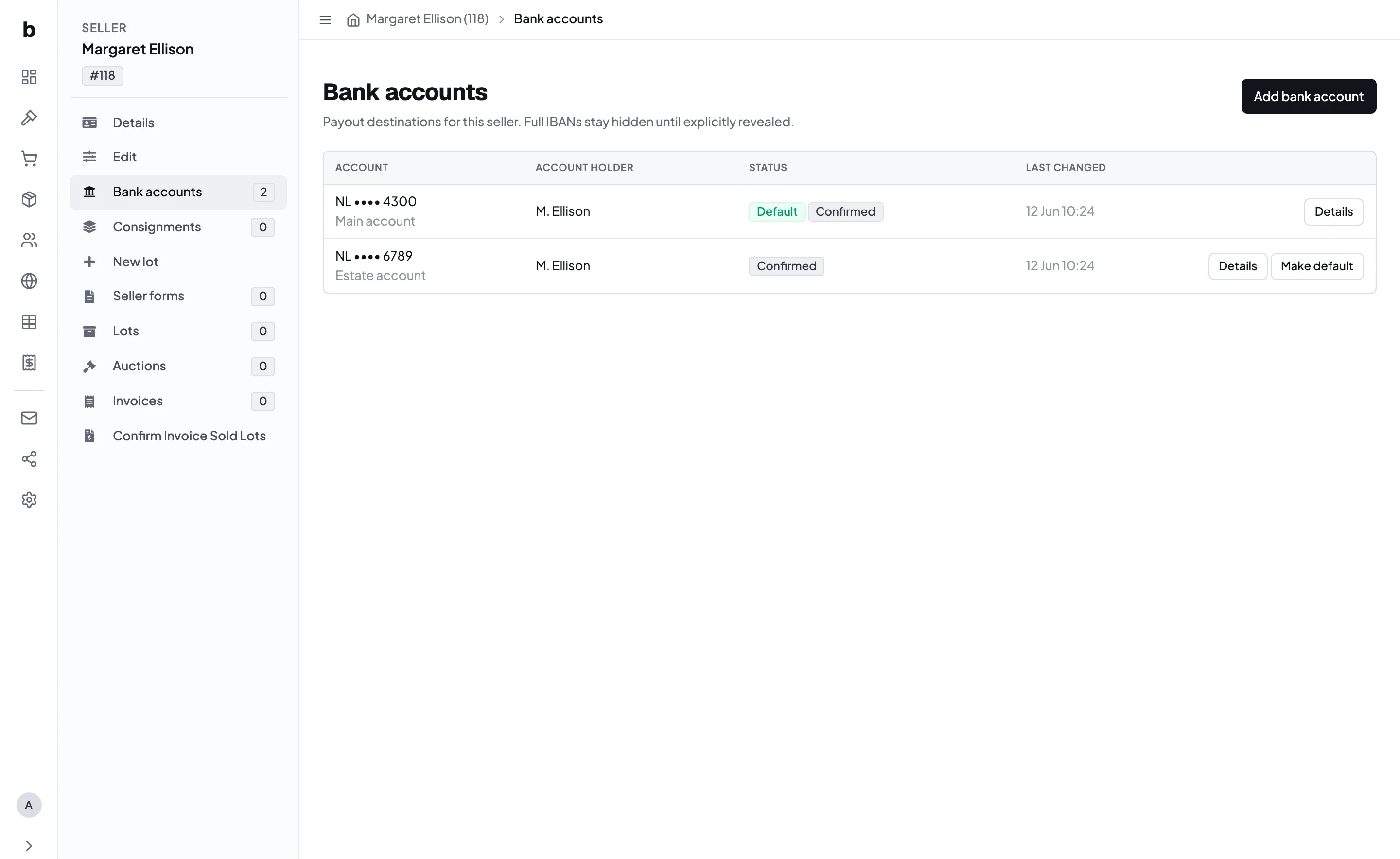 The bank accounts list: two accounts, one marked as the default
