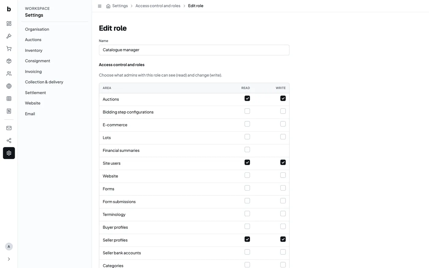 The role editor with read and write permissions