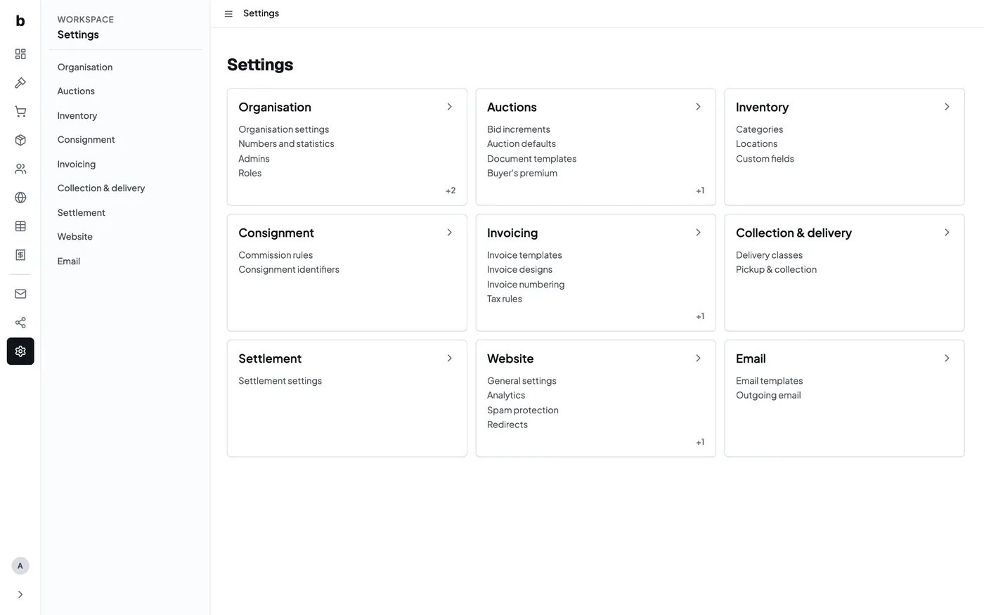 The main Bidvise settings page showing every settings group