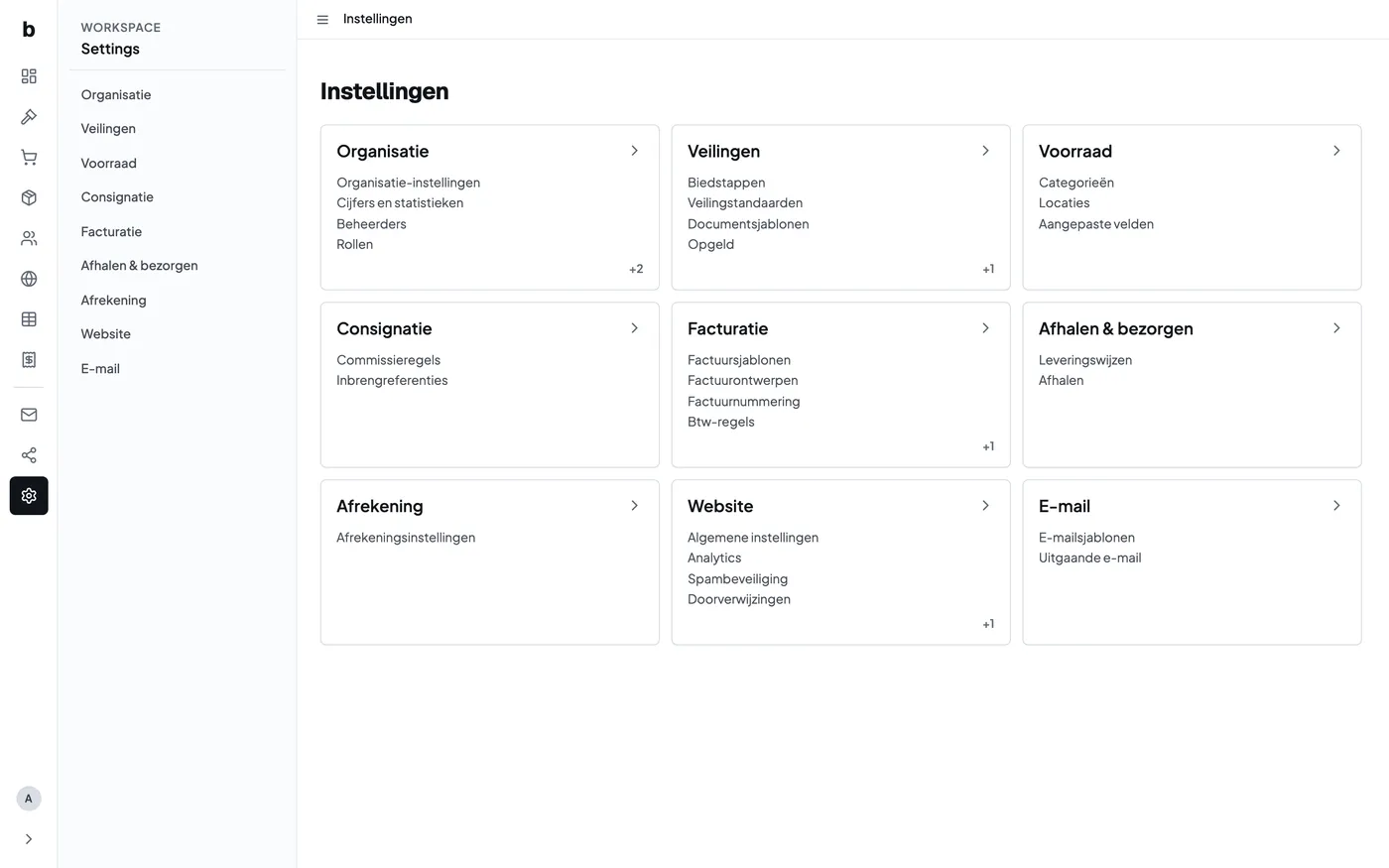 De hoofdpagina van Bidvise-instellingen met alle instellingengroepen