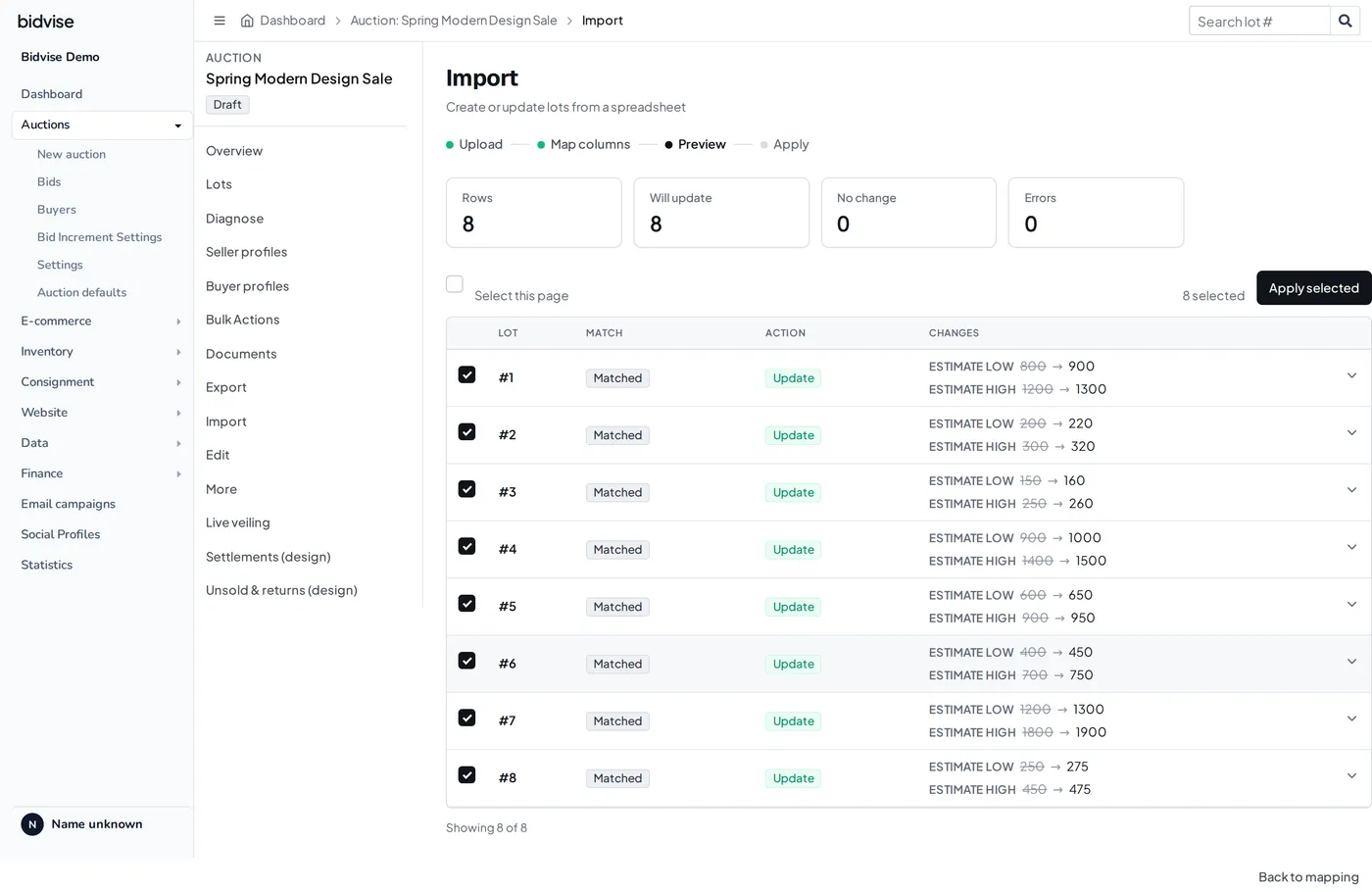 The import wizard previewing changes before they are applied